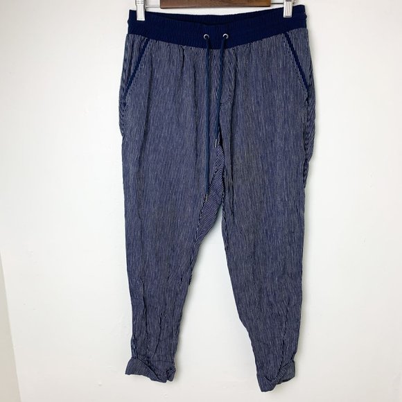 Athleta Bail Linen Ankle Pants Navy Blue Striped Joggers 6 - Picture 2 of 7